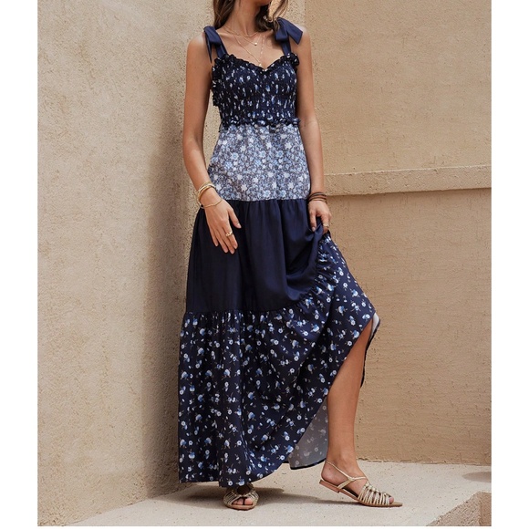 Boho Floral print Color Block Adjustable Straps maxi Dress - Picture 6 of 6
